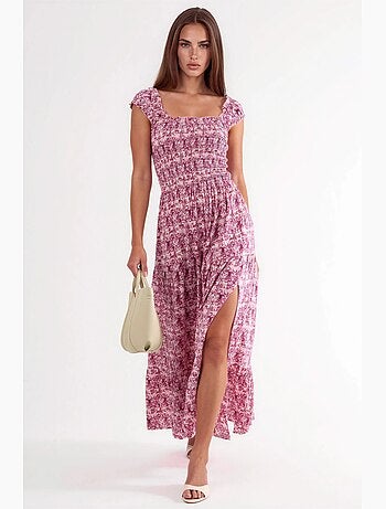 Vestido largo con estampado paisley y cuello cuadrado busem