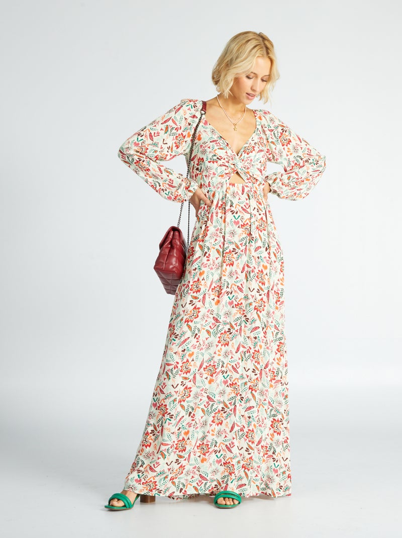 Vestido largo con estampado y detalle en el pecho BEIGE - Kiabi
