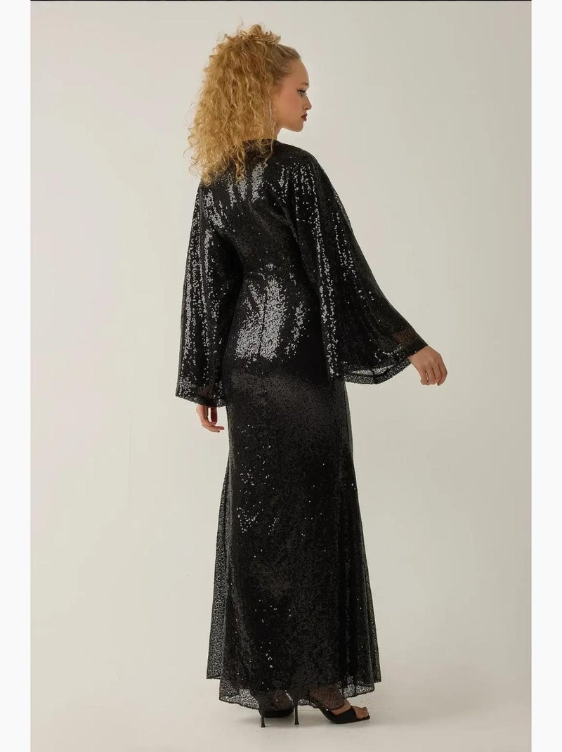 Vestido largo con lentejuelas, escote en v y mangas de ángel hiccup Negro - Kiabi