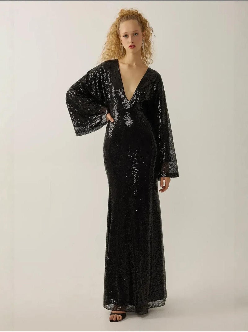 Vestido largo con lentejuelas, escote en V y mangas de ángel Negro - Kiabi