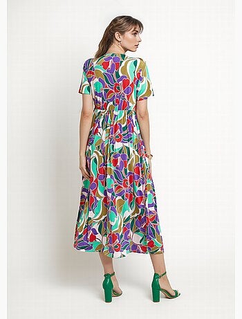 Vestido largo con mangas cortas, estampado floral. - Afibel