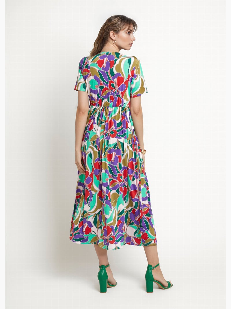Vestido largo con mangas cortas, estampado floral. - Afibel Violeta - Kiabi