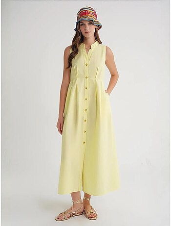 Vestido largo con volantes y cuello de tippet abotonado de mixray