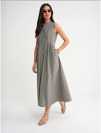 Vestido largo con volantes y cuello de tippet abotonado de mixray