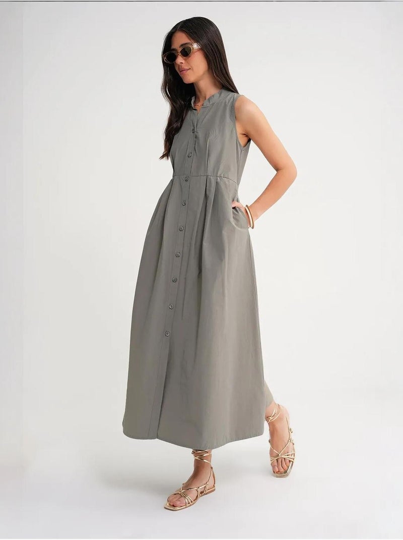 Vestido largo con volantes y cuello de tippet abotonado de mixray Caqui - Kiabi