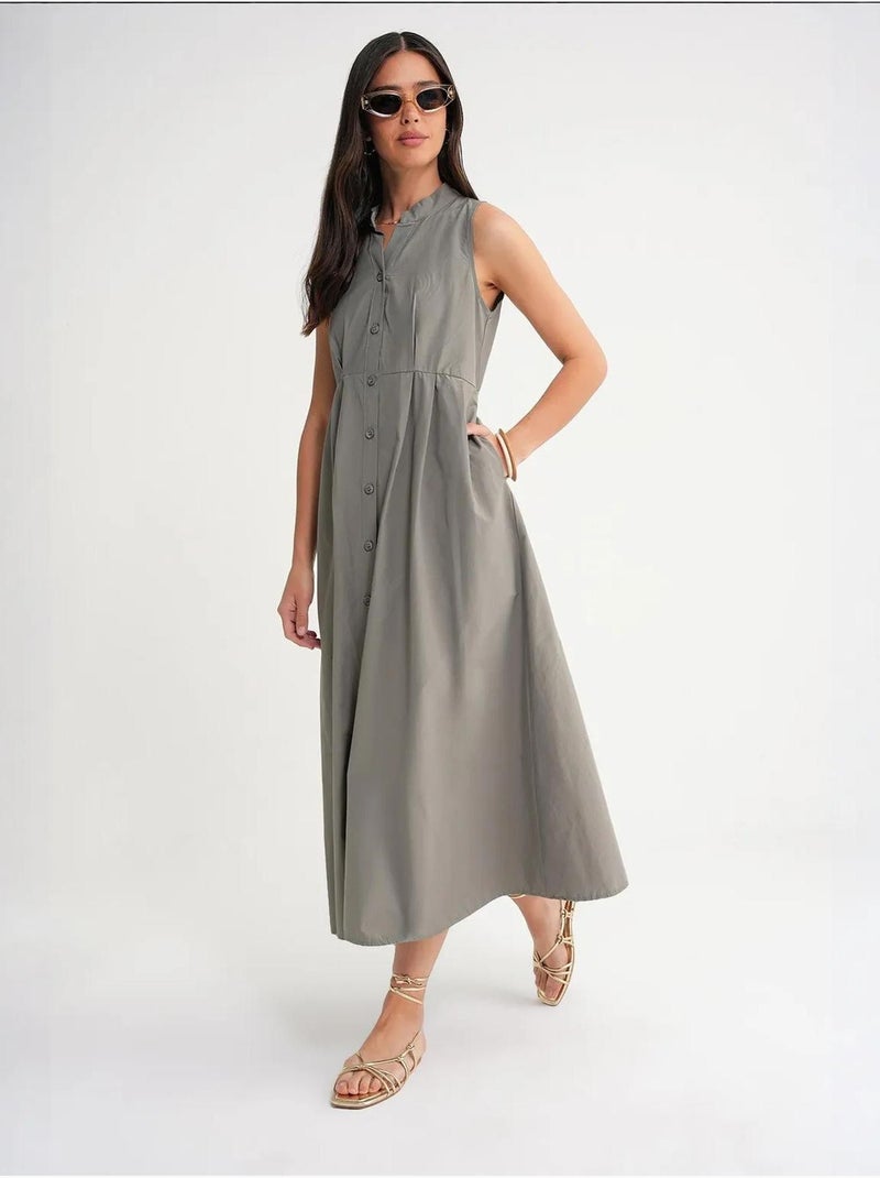 Vestido largo con volantes y cuello de tippet abotonado de mixray Caqui - Kiabi