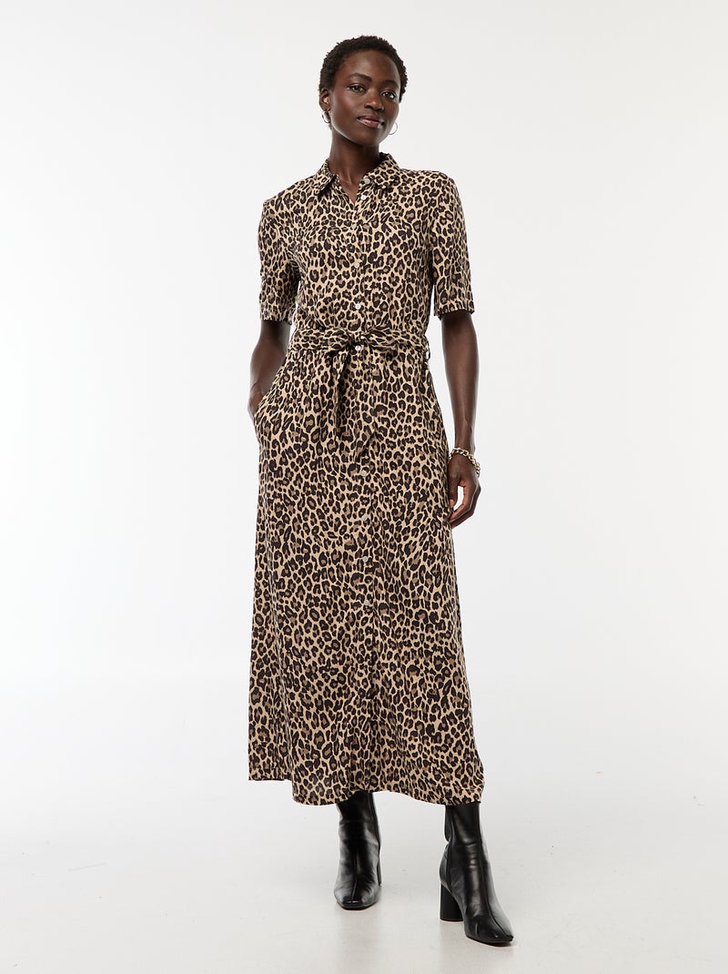 Vestido largo corte camisero con cinturón en la cintura Beige - Kiabi