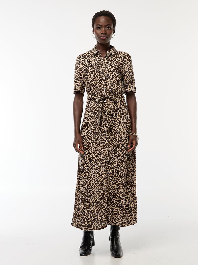 Vestido largo corte camisero con cinturón en la cintura Beige - Kiabi