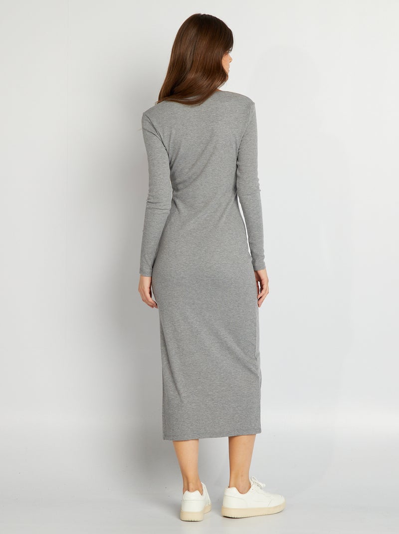 Vestido largo de canalé con cuello cuadrado GRIS - Kiabi