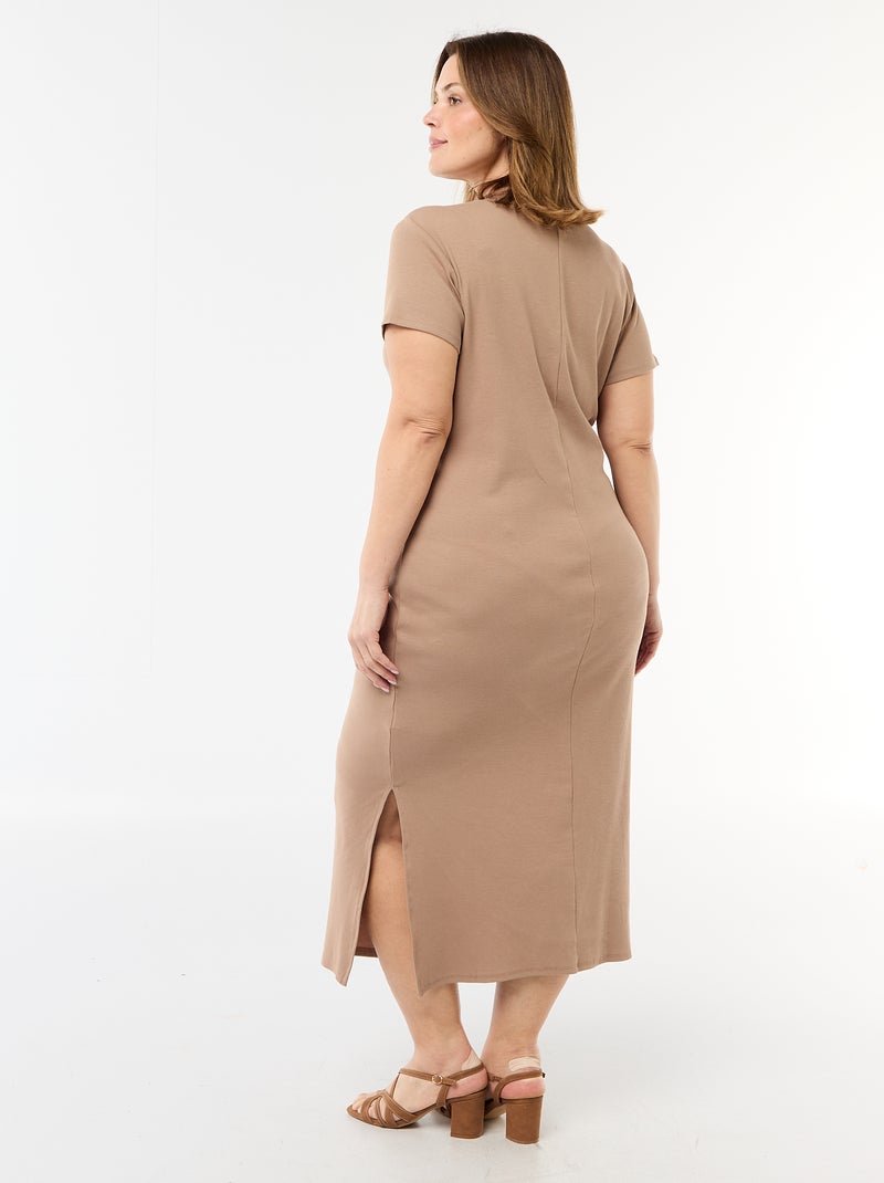Vestido largo de canalé con mangas cortas Marron - Kiabi