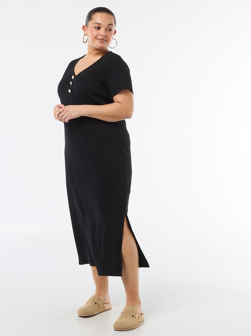 Vestido largo de canalé con mangas cortas Negro - Kiabi