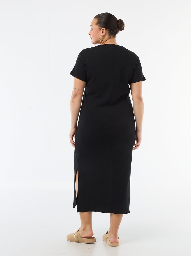Vestido largo de canalé con mangas cortas Negro - Kiabi