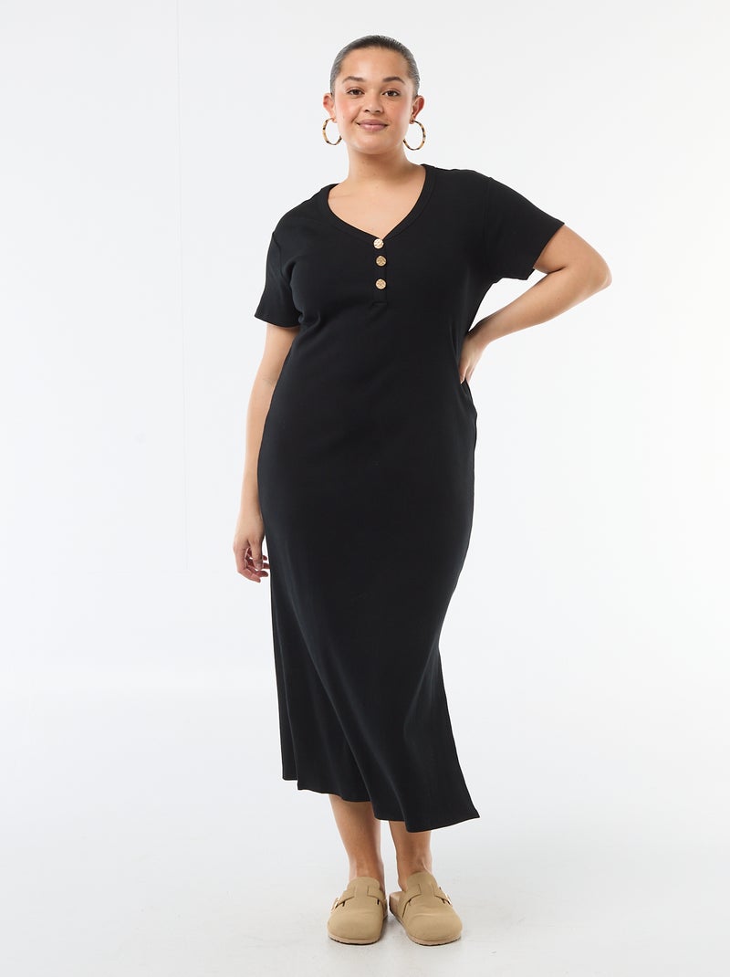 Vestido largo de canalé con mangas cortas Negro - Kiabi