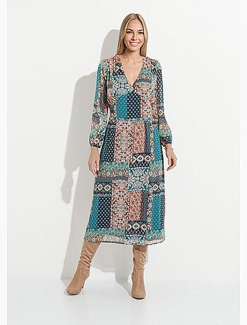 Vestido largo de crepe voile con estampado patchwork - Afibel