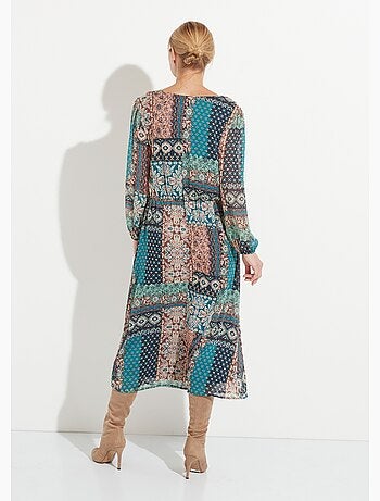 Vestido largo de crepe voile con estampado patchwork - Afibel