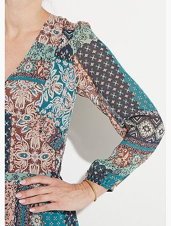 Vestido largo de crepe voile con estampado patchwork - Afibel