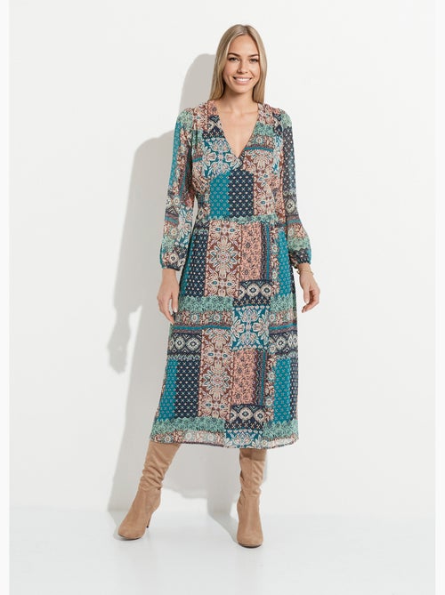 Vestido largo de crepe voile con estampado patchwork - Afibel - Kiabi
