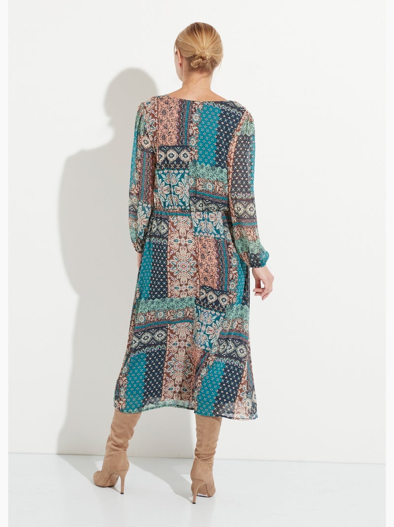 Vestido largo de crepe voile con estampado patchwork - Afibel Verde - Kiabi