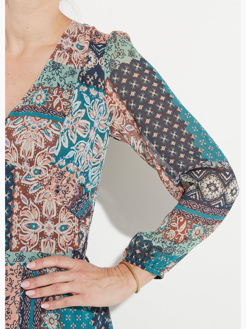 Vestido largo de crepe voile con estampado patchwork - Afibel Verde - Kiabi