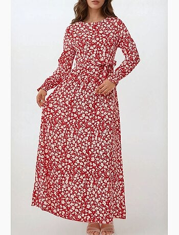 Vestido largo de cuello redondo con flores y cinturón hiccup