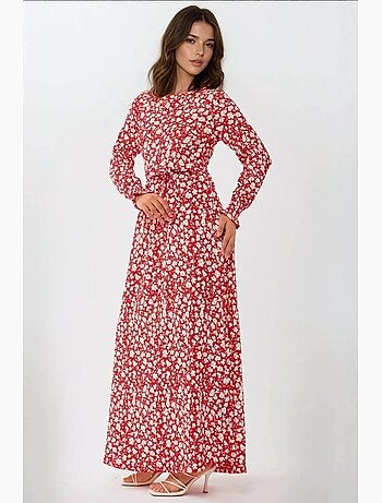 Vestido largo de cuello redondo con flores y cinturón hiccup