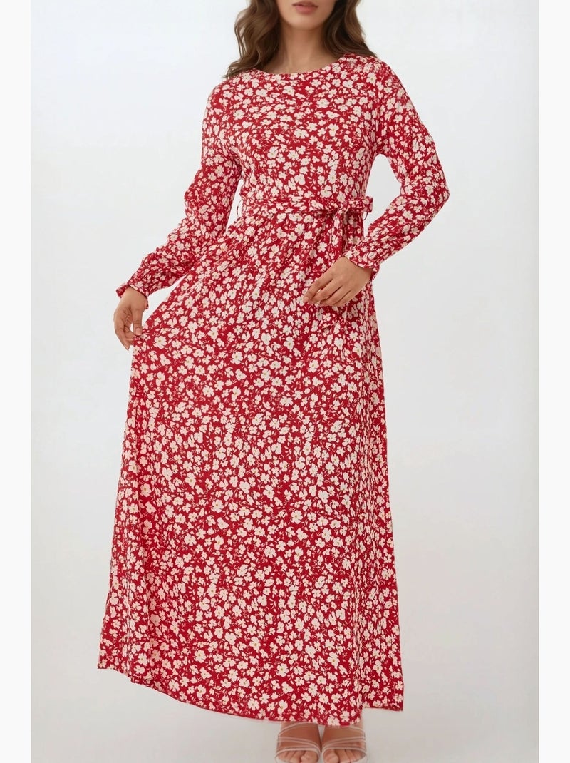 Vestido largo de cuello redondo con flores y cinturón hiccup Rojo - Kiabi