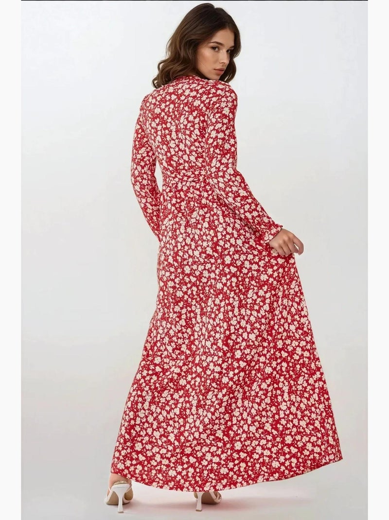 Vestido largo de cuello redondo con flores y cinturón hiccup Rojo - Kiabi