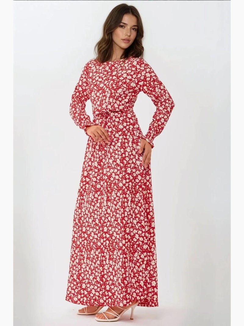 Vestido largo de cuello redondo con flores y cinturón hiccup Rojo - Kiabi