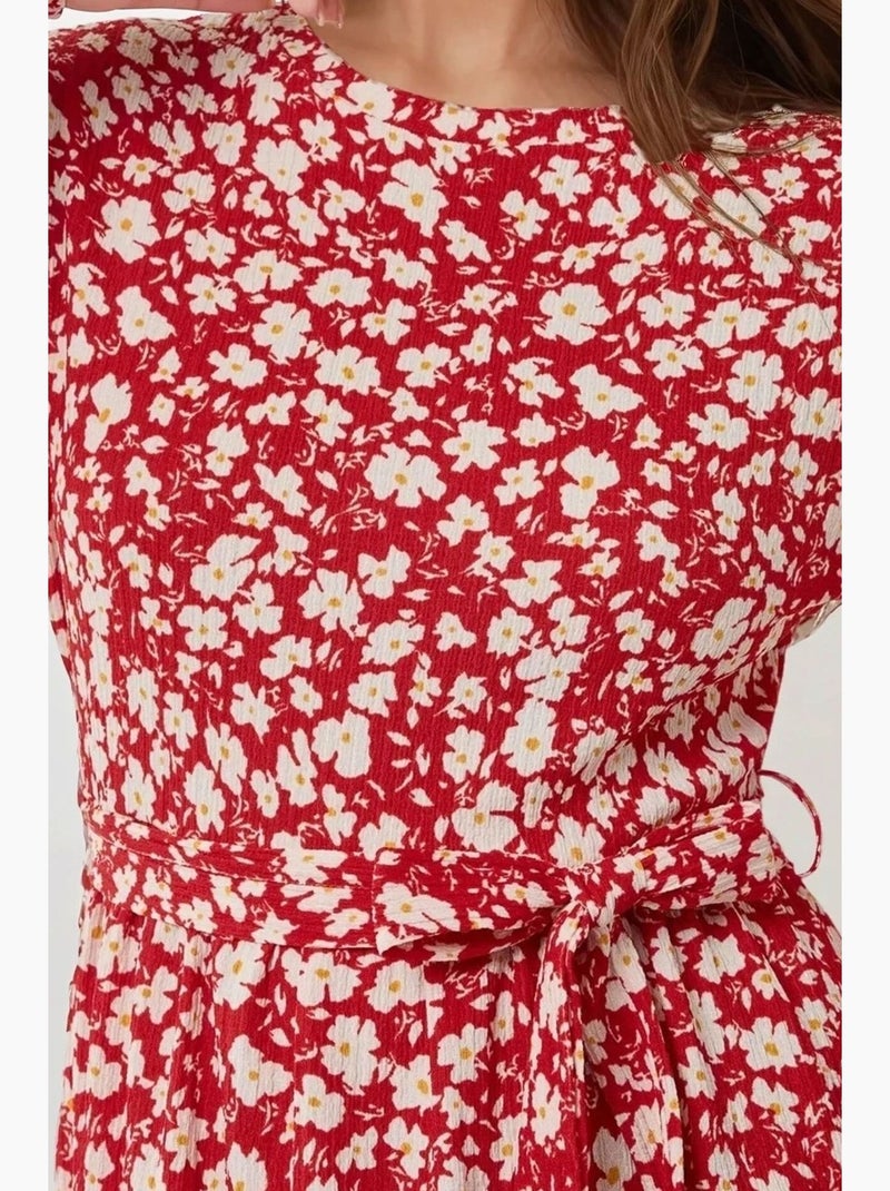 Vestido largo de cuello redondo con flores y cinturón hiccup Rojo - Kiabi
