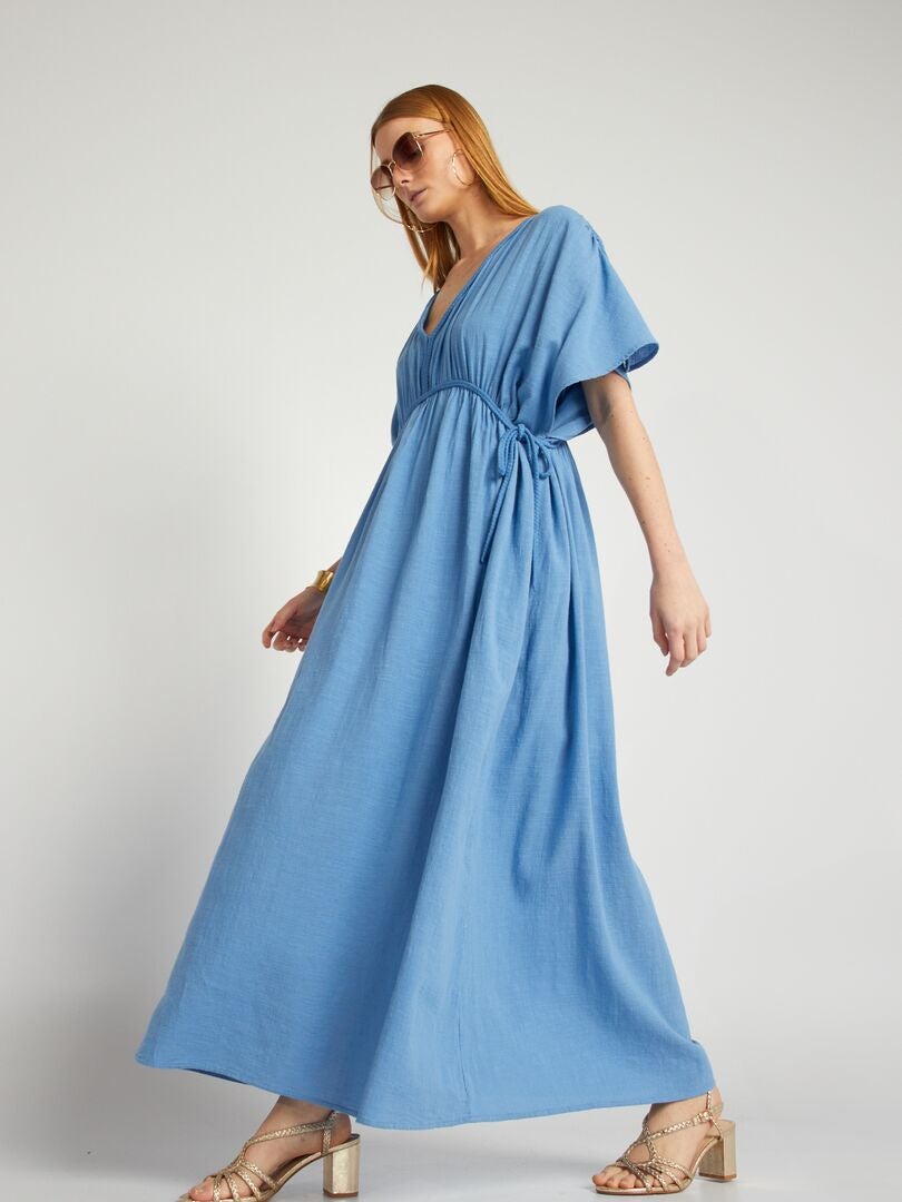Vestido largo de doble gasa de algodón azul - Kiabi
