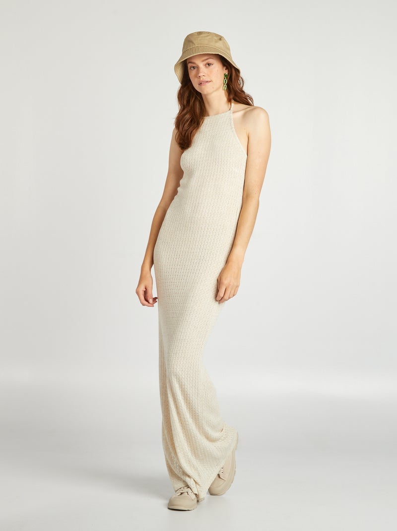 Vestido largo de ganchillo con lino BEIGE - Kiabi