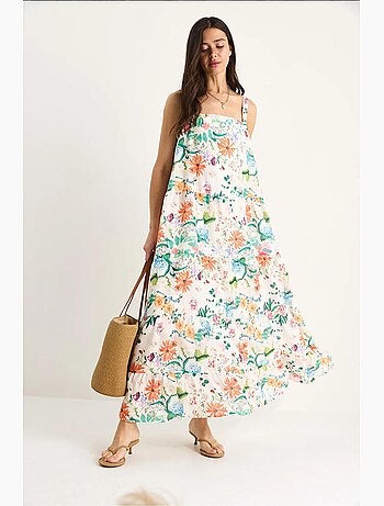 Vestido largo de lino con cuello cuadrado, tirantes y forro, estampado floral lucci