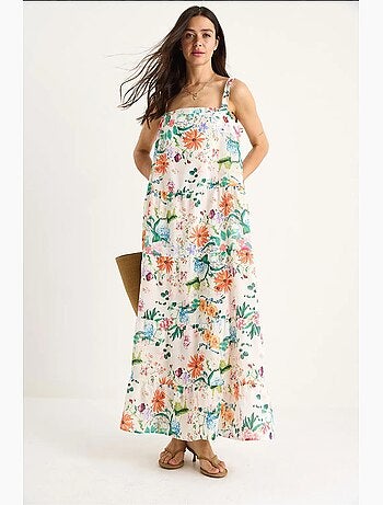 Vestido largo de lino con cuello cuadrado, tirantes y forro, estampado floral lucci