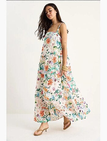 Vestido largo de lino con cuello cuadrado, tirantes y forro, estampado floral lucci