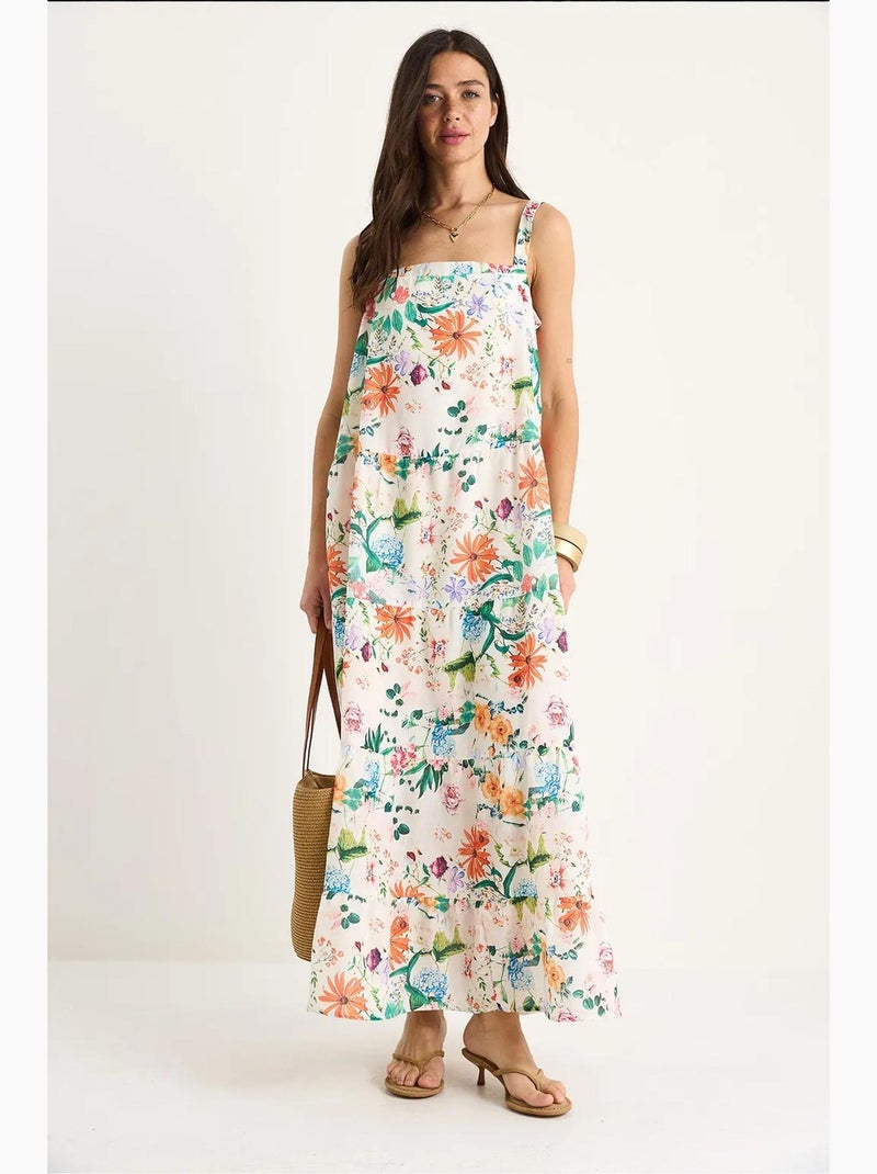 Vestido largo de lino con cuello cuadrado, tirantes y forro, estampado floral lucci Blanco - Kiabi