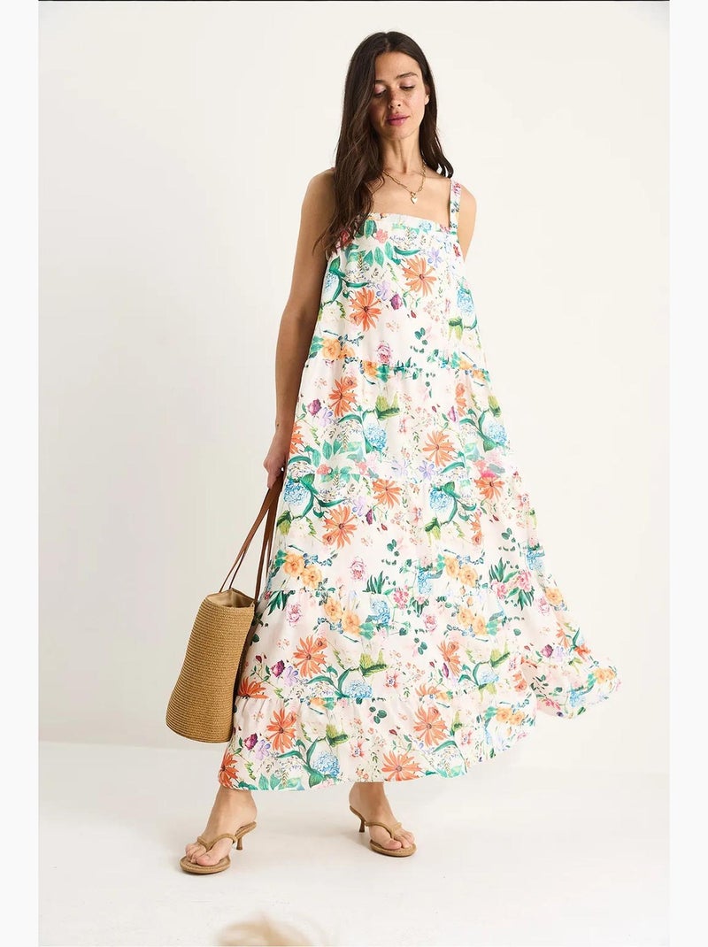 Vestido largo de lino con cuello cuadrado, tirantes y forro, estampado floral lucci Blanco - Kiabi