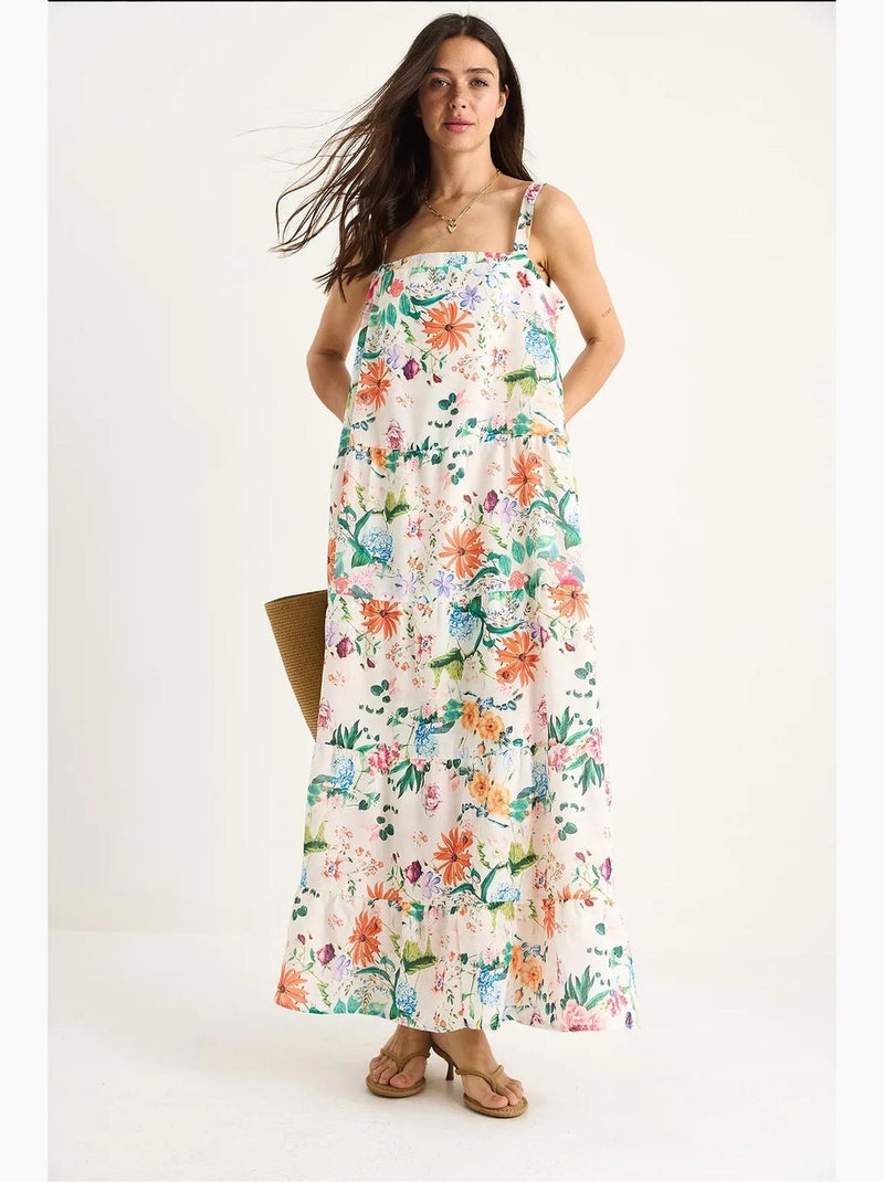 Vestido largo de lino con cuello cuadrado, tirantes y forro, estampado floral lucci Blanco - Kiabi