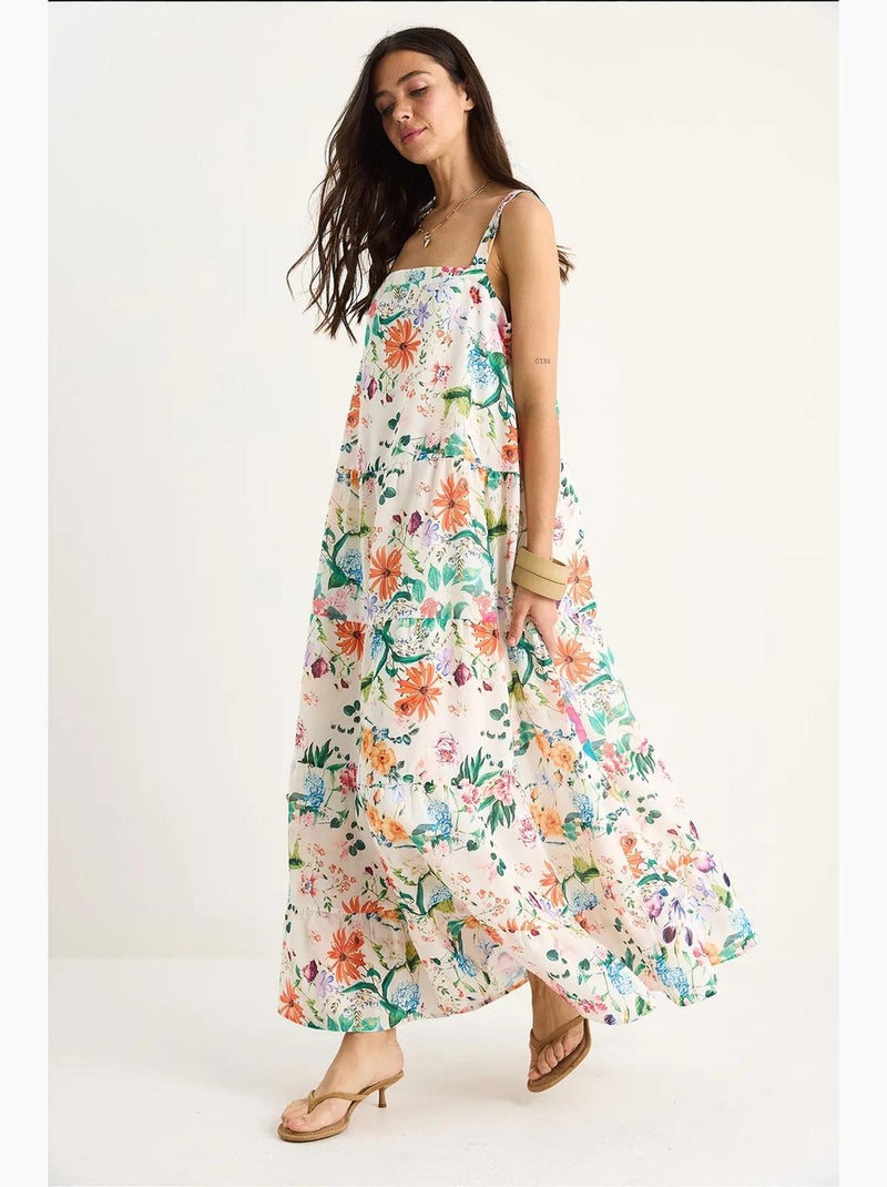 Vestido largo de lino con cuello cuadrado, tirantes y forro, estampado floral lucci Blanco - Kiabi