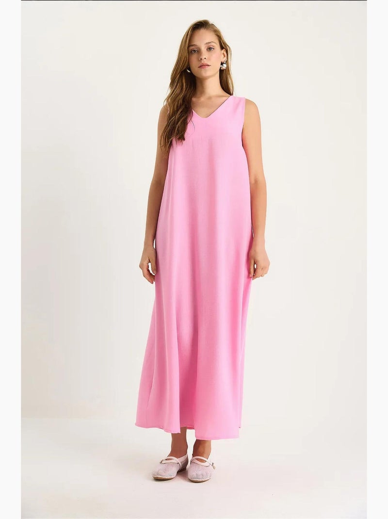 Vestido largo de lino con escote en v y tirantes gruesos lucci Rosa claro - Kiabi