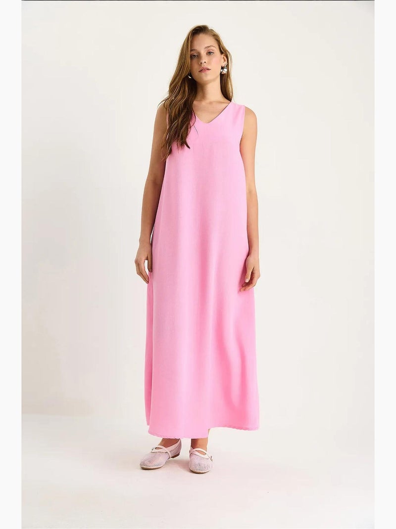 Vestido largo de lino con escote en v y tirantes gruesos lucci Rosa claro - Kiabi