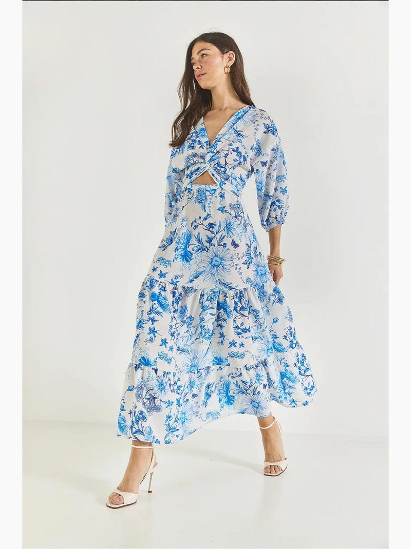 Vestido largo de lino con estampado y detalle de ventana lucci Azul claro - Kiabi