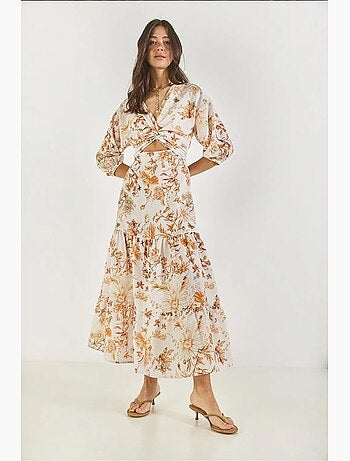 Vestido largo de lino con estampado y detalle de ventana lucci