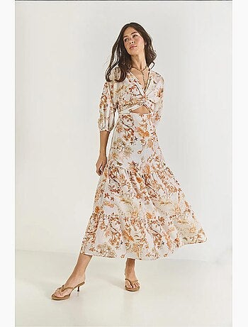 Vestido largo de lino con estampado y detalle de ventana lucci