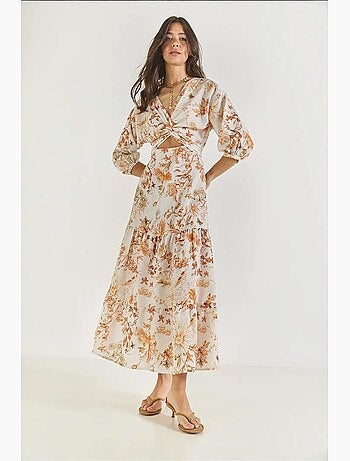 Vestido largo de lino con estampado y detalle de ventana lucci