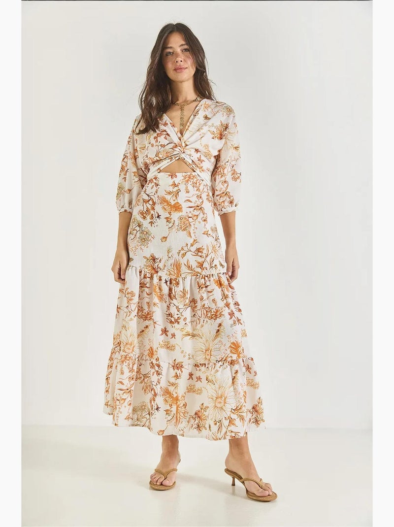 Vestido largo de lino con estampado y detalle de ventana lucci Naranja mandarina - Kiabi