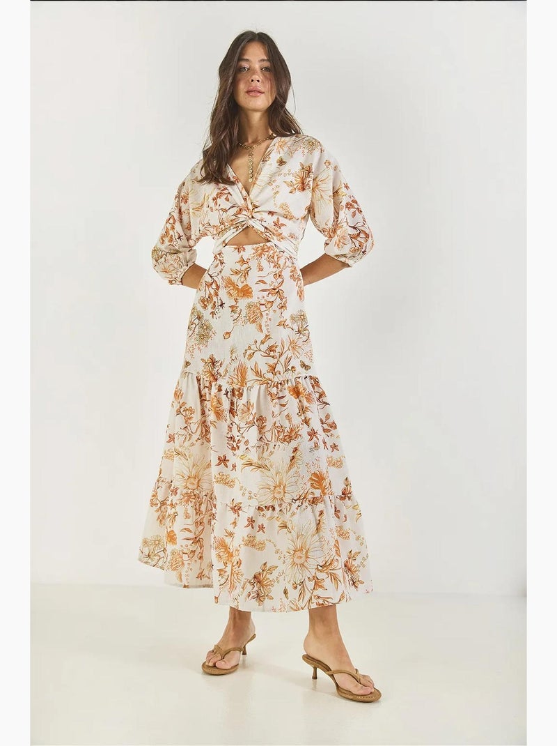 Vestido largo de lino con estampado y detalle de ventana lucci Naranja mandarina - Kiabi