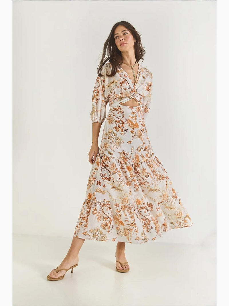 Vestido largo de lino con estampado y detalle de ventana lucci Naranja mandarina - Kiabi