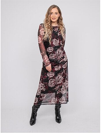 Vestido largo de malla con estampado de rosas irma