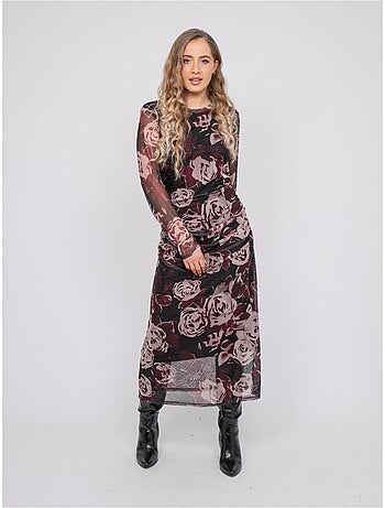 Vestido largo de malla con estampado de rosas irma