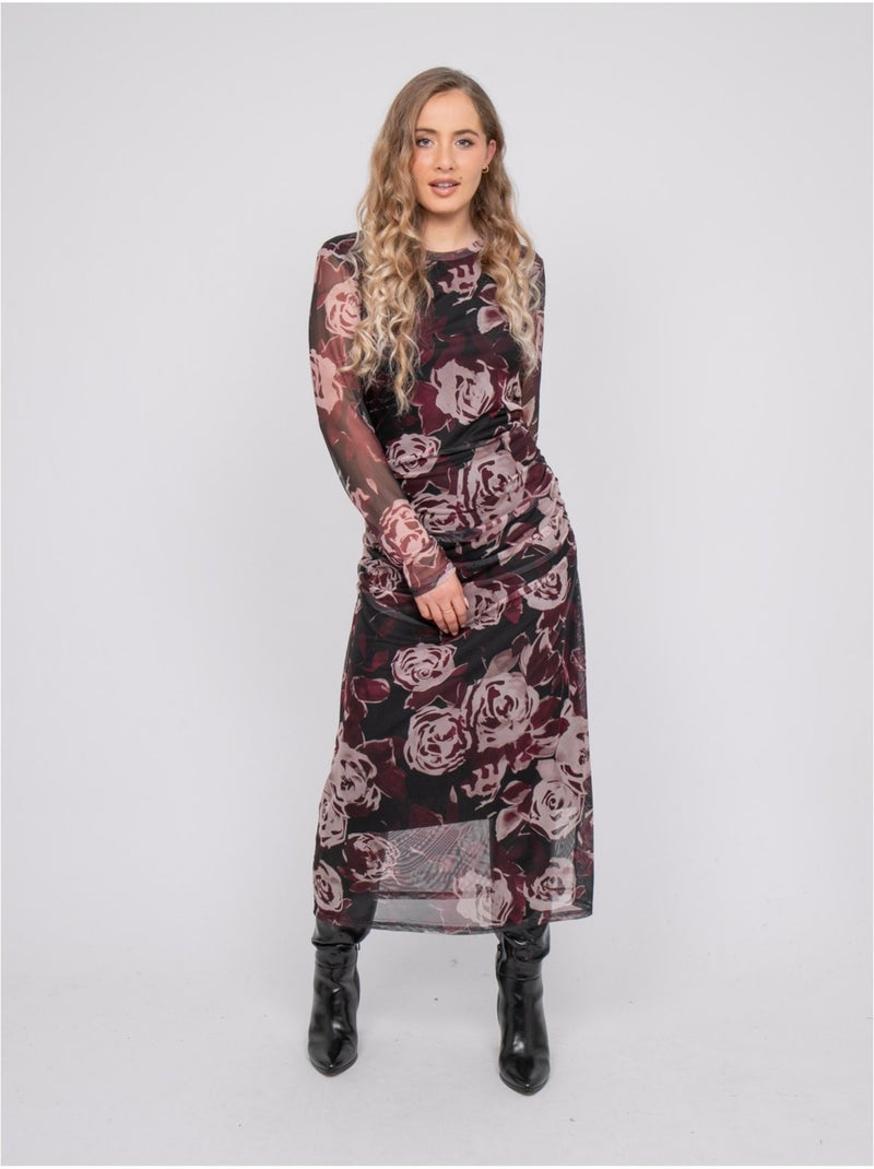 Vestido largo de malla con estampado de rosas irma Negro - Kiabi